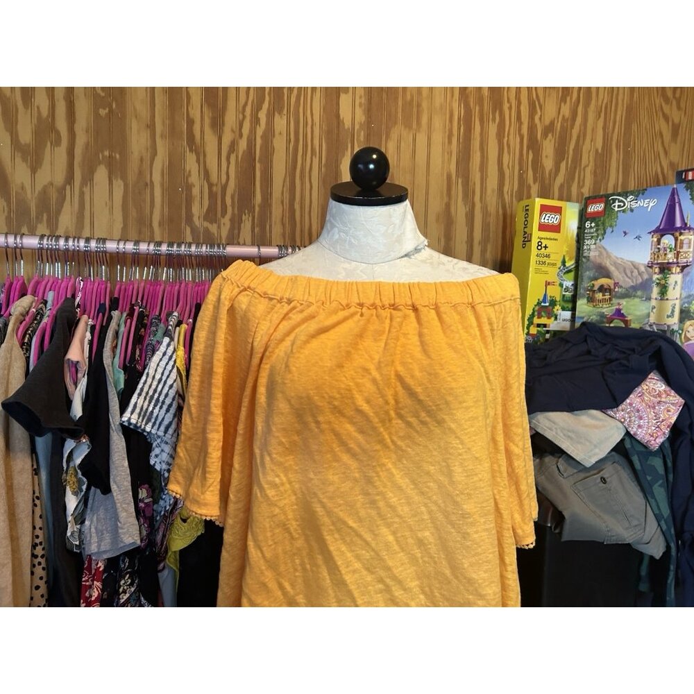 Chico's Orange Tropical 100% Linen Top Cold Shoulder Knit Stretch Sz 1 (M) - Picture 2 of 9